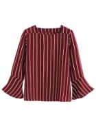 Shein Burgundy Vertical Striped Bell Sleeve Blouse