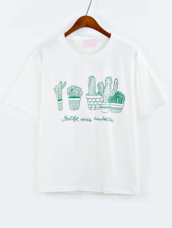Shein Cactus Print Drop Shoulder T-shirt - White