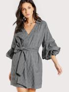 Shein Gathered Sleeve Collared Surplice Wrap Dress