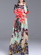 Shein Multicolor Print Belted Maxi Contrast Lace Dress