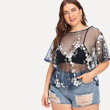 Shein Plus Floral Embroidered Sheer Mesh Top