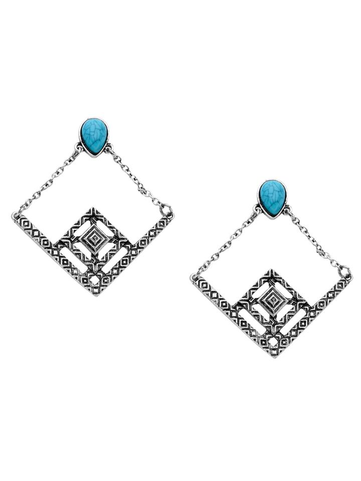 Shein Antique Silver Turquoise Geometric Hollow Out Drop Earrings