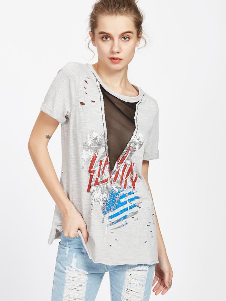 Shein Graphic Print V Mesh Insert Distressed Slub T-shirt