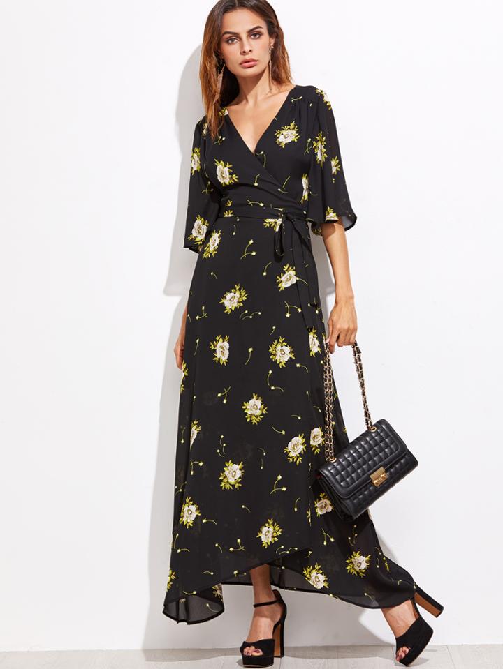Shein Black Flower Print Self Tie Warp Dress