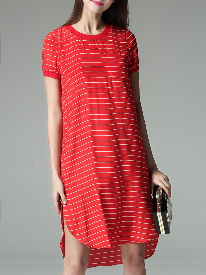 Shein Red Crew Neck Striped High Low Dress