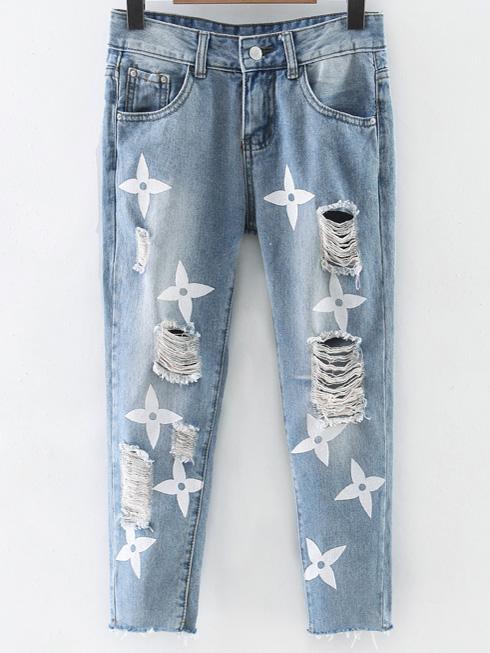 Shein Light Blue Printed Knee Ripped Jeans