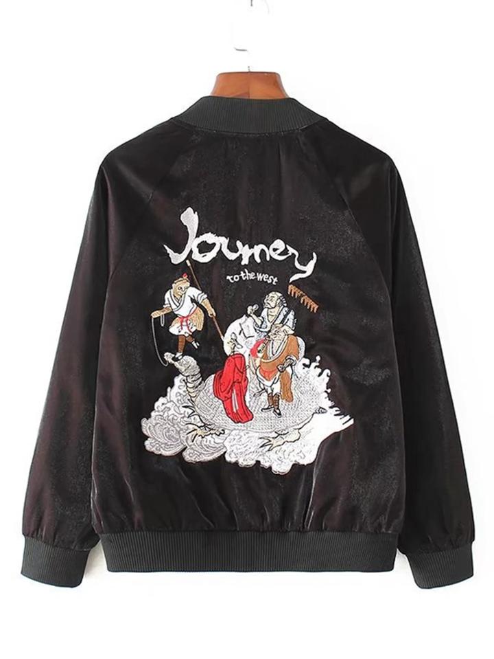 Shein Embroidery Back Raglan Sleeve Zipper Jacket