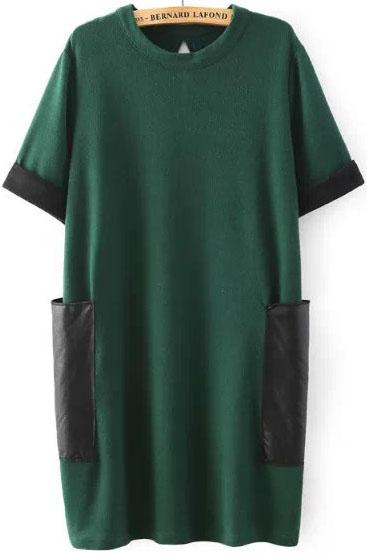 Shein Green Short Sleeve Pockets Back Hollow Loose Dress