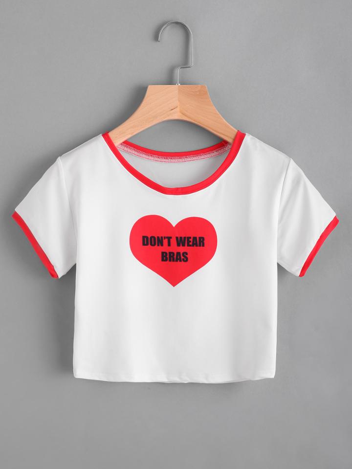 Shein Contrast Trim Slogan Print Crop Tee