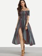 Shein Multicolor Tribal Print Shirred Off The Shoulder Dress