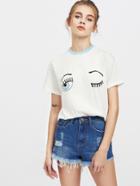 Shein Contrast Neck Drop Shoulder Wink Eye Print Tee