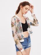 Shein Botanical Embroidered Raglan Sleeve Fishnet Bomber Jacket
