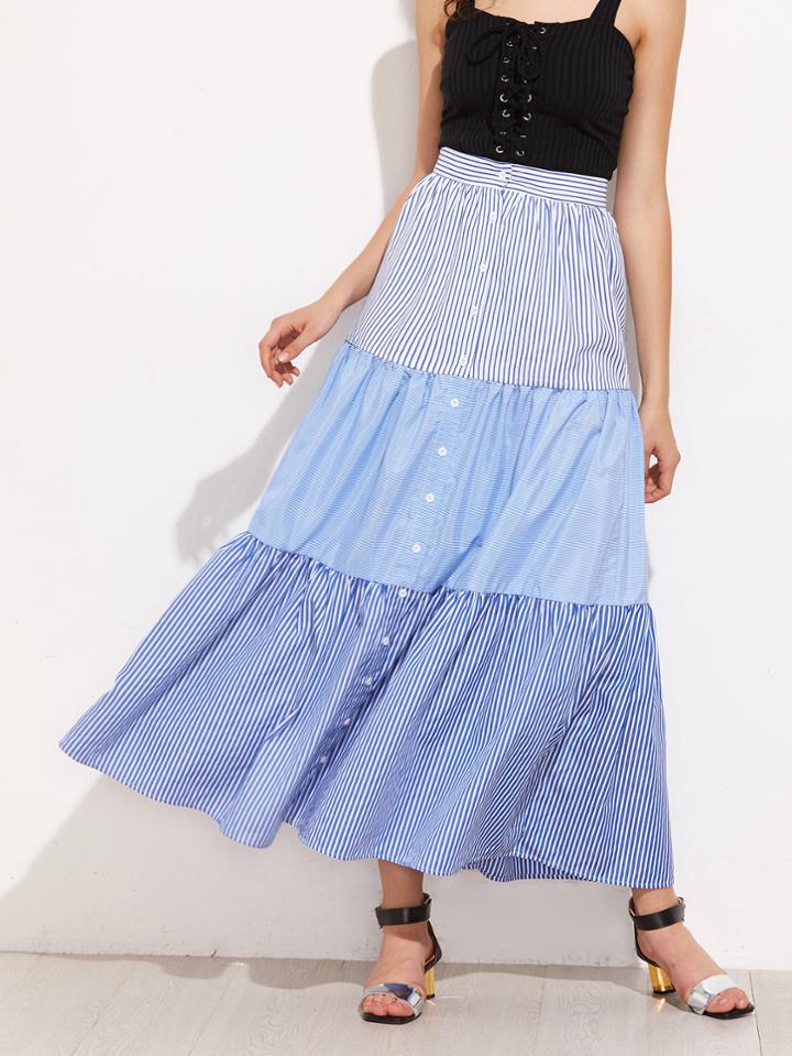 Shein Mixed Pinstripe Button Up Tiered Skirt