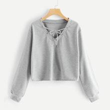 Shein Plus Solid Criss-cross V Neck Sweatshirt