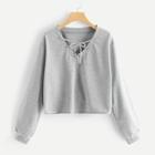 Shein Plus Solid Criss-cross V Neck Sweatshirt