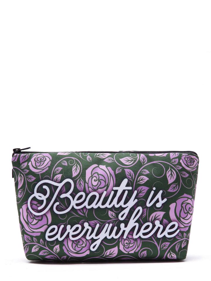 Shein Rose & Slogan Print Makeup Bag