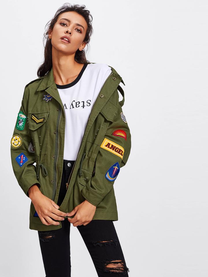 Shein Embroidered Badges Detail Military Jacket