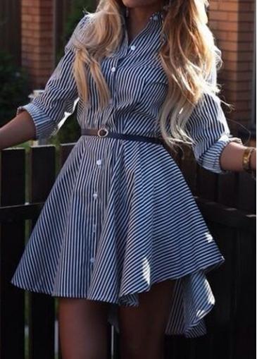 Rosewe Turndown Collar Striped Long Sleeve Asymmetric Dress