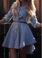 Rosewe Turndown Collar Striped Long Sleeve Asymmetric Dress