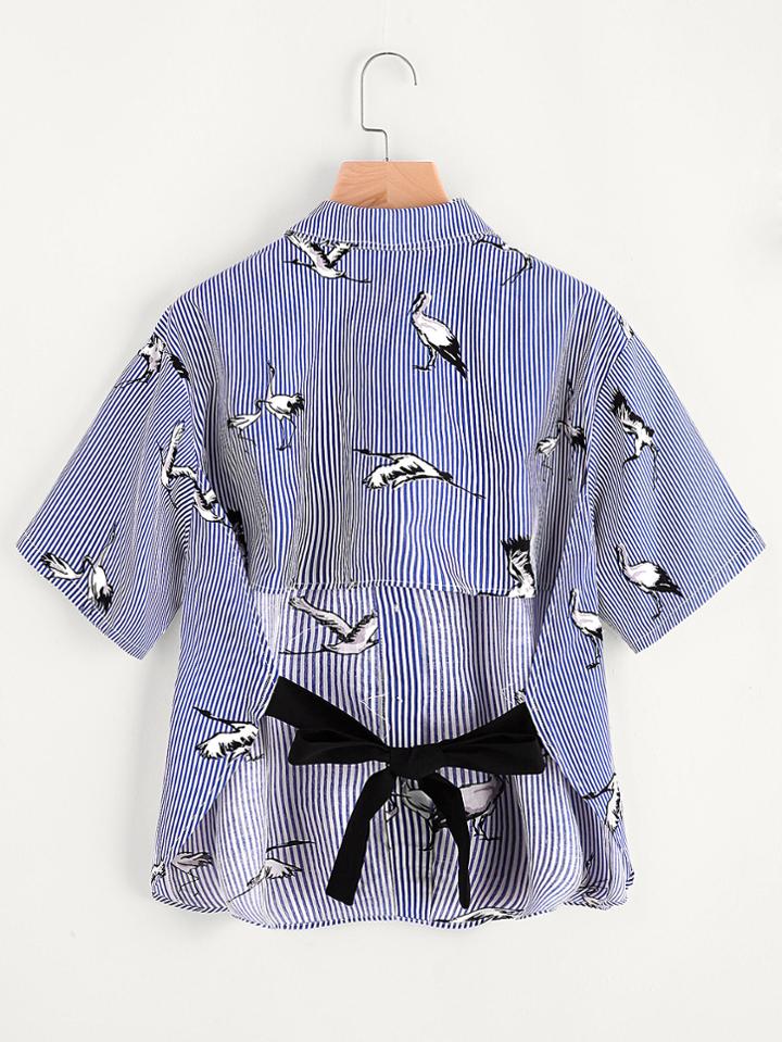 Shein Bow Tie Open Back Crane And Stripe Print Shirt