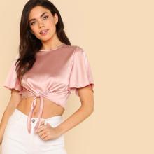 Shein Knot Front Flutter Sleeve Satin Top