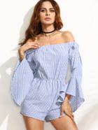Shein Blue Striped Bow Ruffle Sleeve Off The Shoulder Jumpsuit