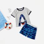 Shein Boys Shark Print Ringer Tee With Camo Shorts