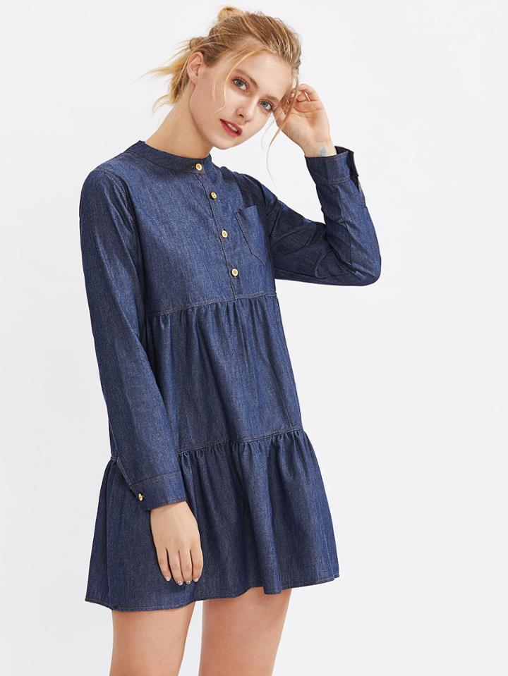 Shein Tiered Denim Dress With Chest Pocket