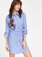 Shein Striped Embroidered Rose Patch Belted Shirt Dress