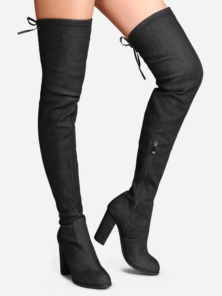 Shein Black Denim Point Toe Tie Back Knee Boots