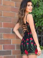 Shein Lace Up Embroidered Mesh Overlay Cami Dress