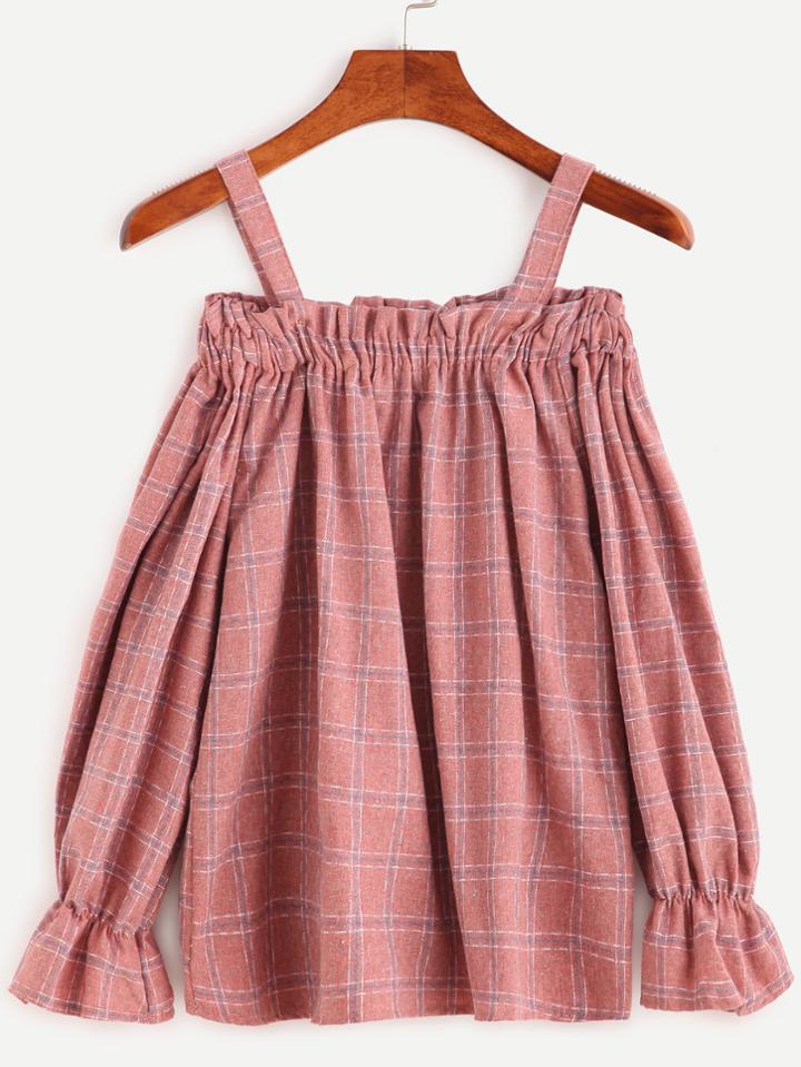 Shein Pink Cold Shoulder Plaid Blouse