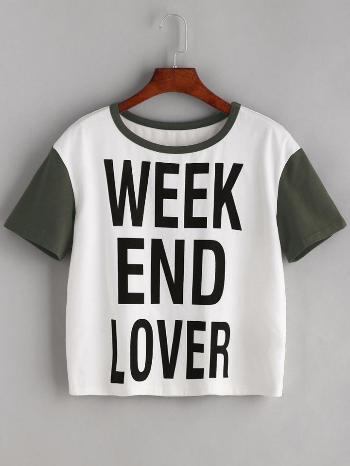 Shein White Letter Print Contrast Short Sleeve T-shirt