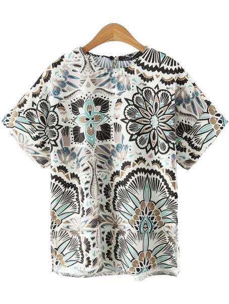 Shein Multicolor Short Sleeve Split Side Print Blouse