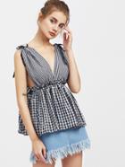 Shein Tie Shoulder Low Side Mixed Checked Frill Top