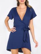 Shein Navy Tie Waist Short Sleeve Surplice Dress