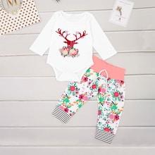Shein Toddler Girl Deer Print Top & Floral Print Pants & Headband