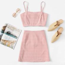 Shein Plaid Ruched Cami Top With Skirt
