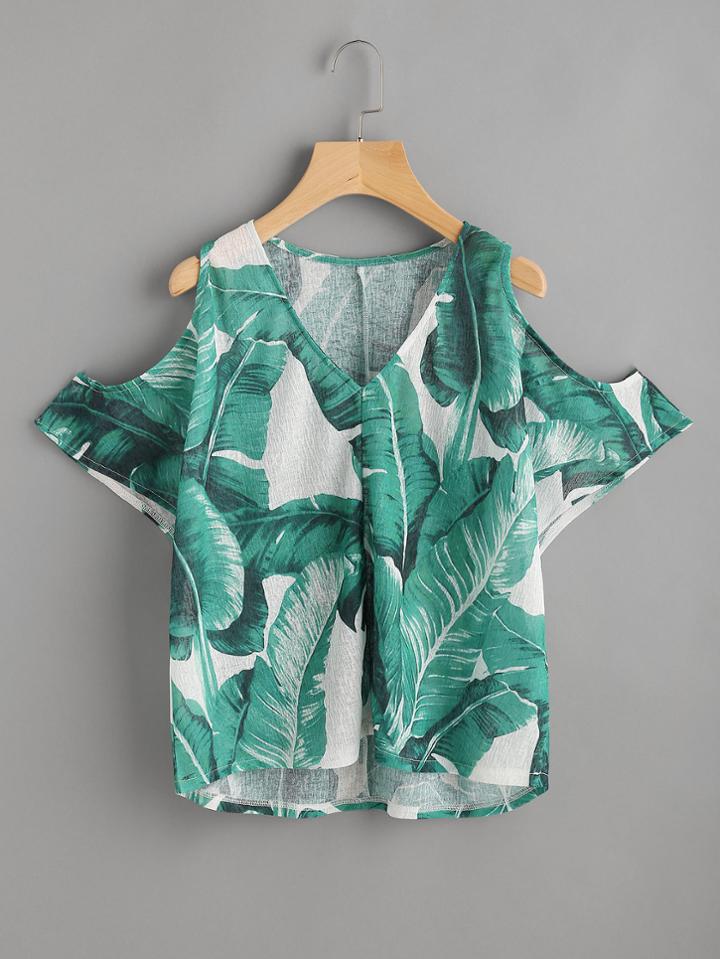 Shein Palm Leaf Print Open Shoulder Top