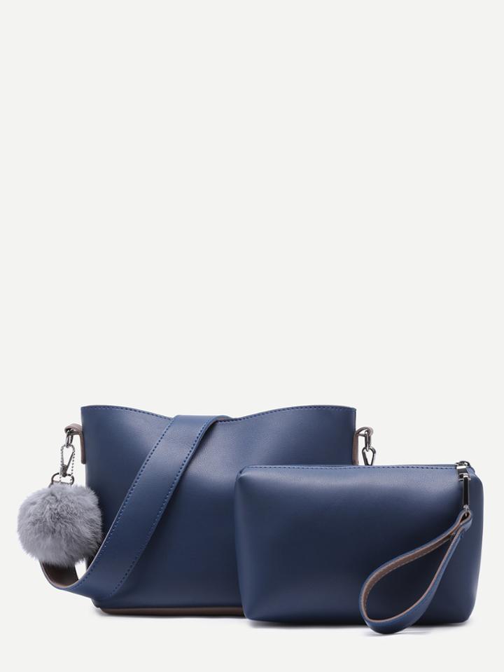Shein Color Block Pu Pom Pom Two Pieces Shoulder Bag With Wide Strap