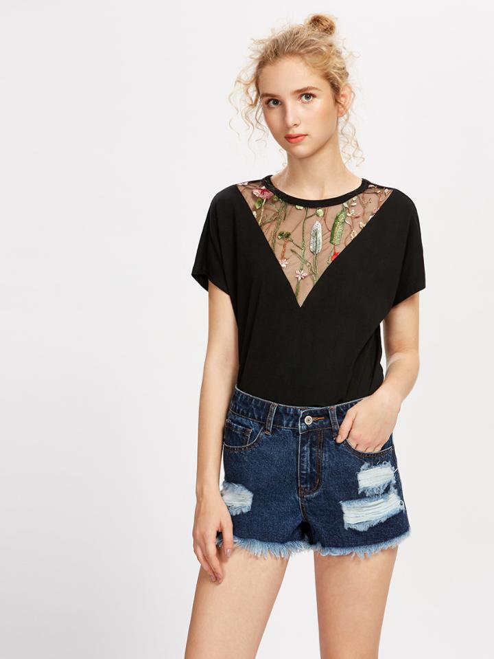 Shein Embroidery Mesh Insert Tee