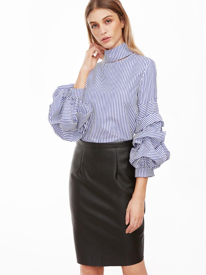 Shein Blue Vertical Striped Cutout High Neck Billow Sleeve Blouse