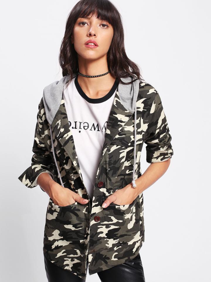 Shein Camo Utility Jacket With Jersey Hood
