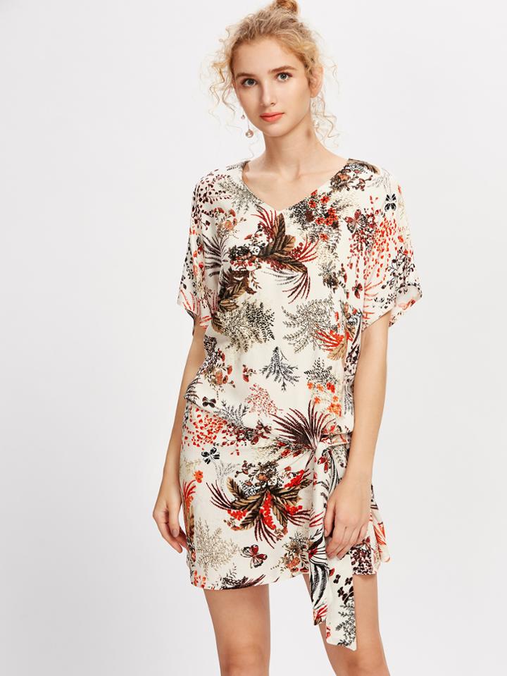 Shein Floral Print Knot Detail Dress