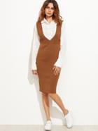 Shein Khaki Deep V Neck Slit Back Knit Pinafore Dress