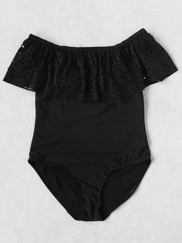 Shein Laser Cut Flounce Layered Neckline One Piece Swimsuit