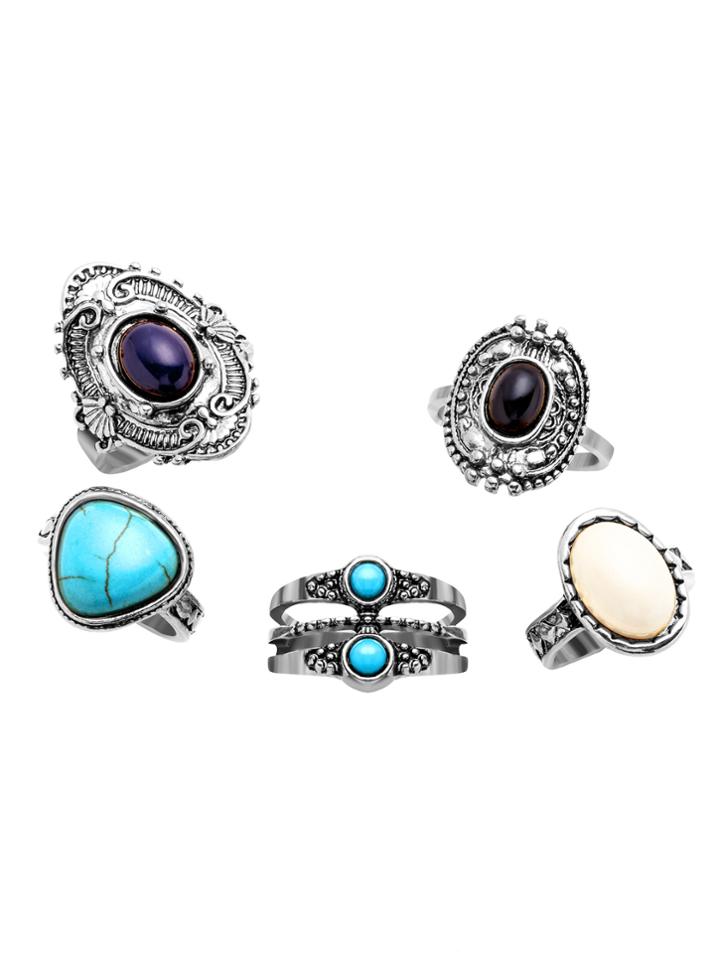 Shein Antique Silver Gemstone Geometric Carved Ring Set
