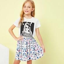 Shein Girls Figure Print Top & Layered Skirt Set