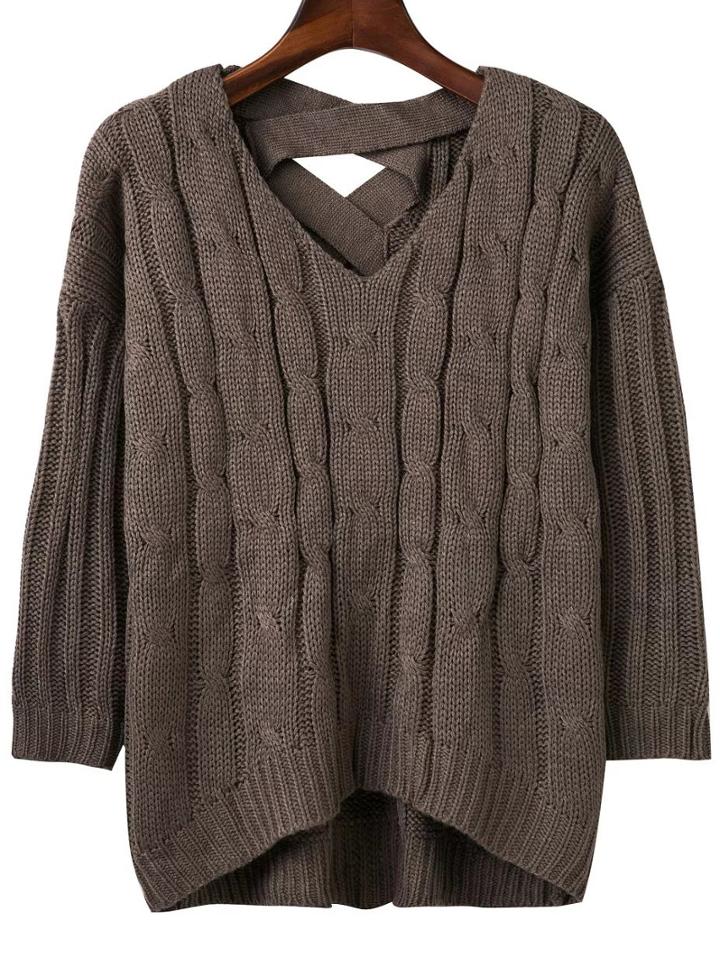 Shein Coffee Criss Cross Back V Neck Sweater