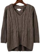 Shein Coffee Criss Cross Back V Neck Sweater